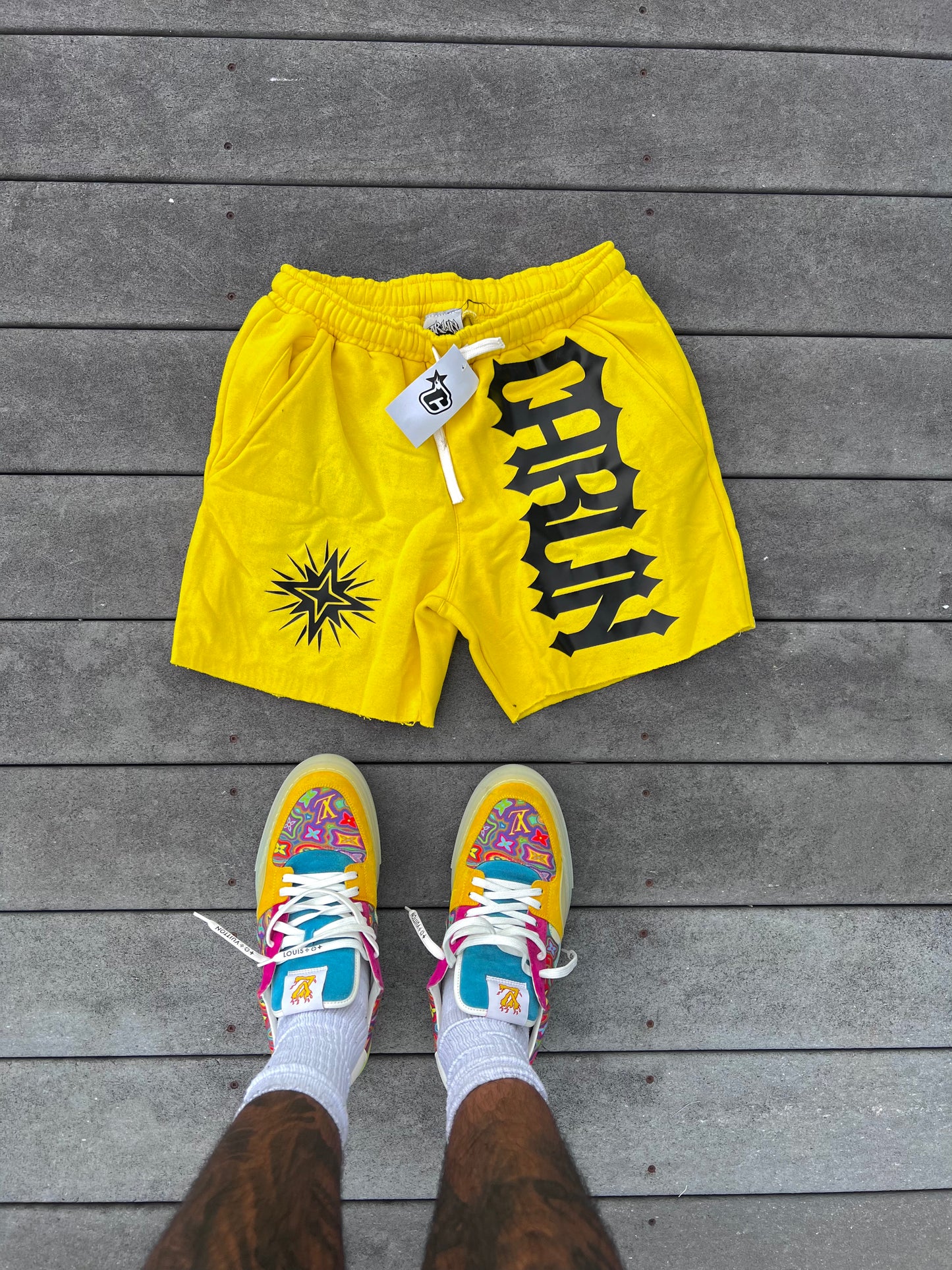 YELLOW ACID WASH SHORTS